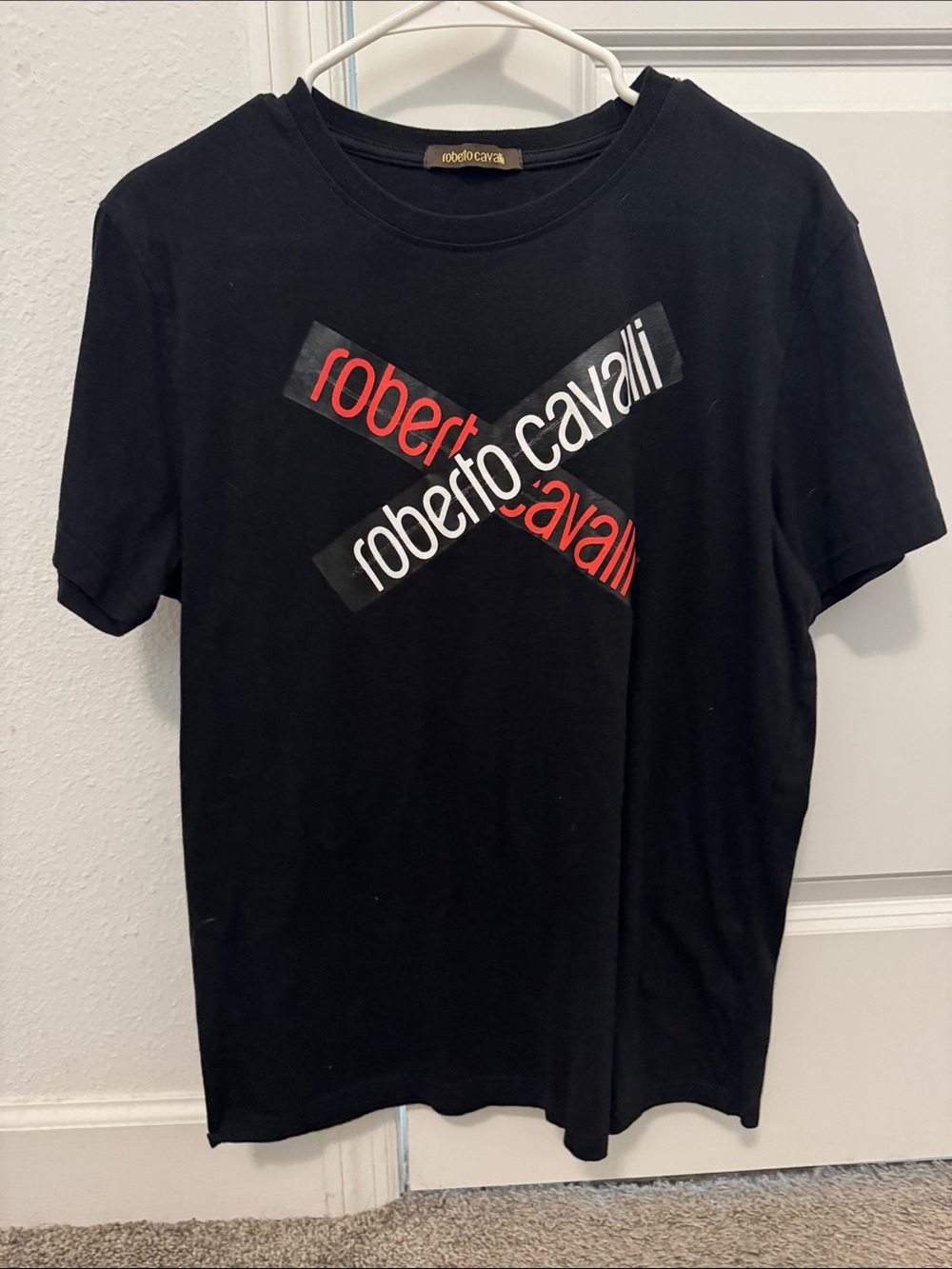 Roberto Cavalli Black Short-Sleeve Logo Tee with Red and White Accents